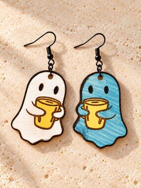 Hand-Painted Ghost Earrings with Coffee | Wooden Fall Halloween Jewelry